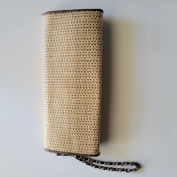 Womens Woven Straw Clutch Purse Beige Neutral Coin Wristlet Wallet Bow Handbag - Picture 4 of 6